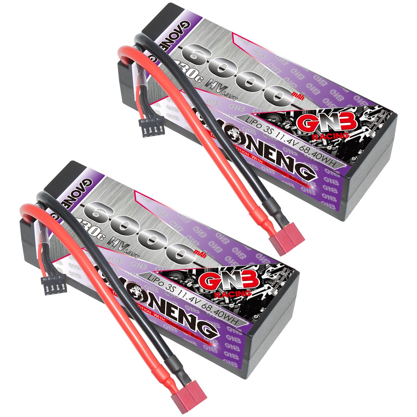 Two-pack view of GAONENG GNB 6000mAh 3S LiHV hard case batteries with T-plug connectors