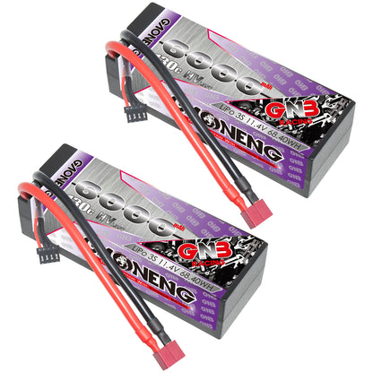 Two-pack view of GAONENG GNB 6000mAh 3S LiHV hard case batteries with T-plug connectors