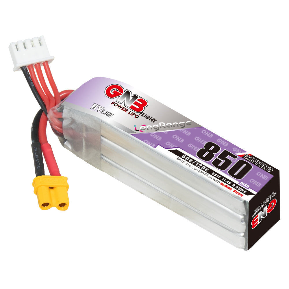 GNB 3S 11.4V 850mAh 60C LiHV LiPo battery with XT30 connector and 4-pin balance plug