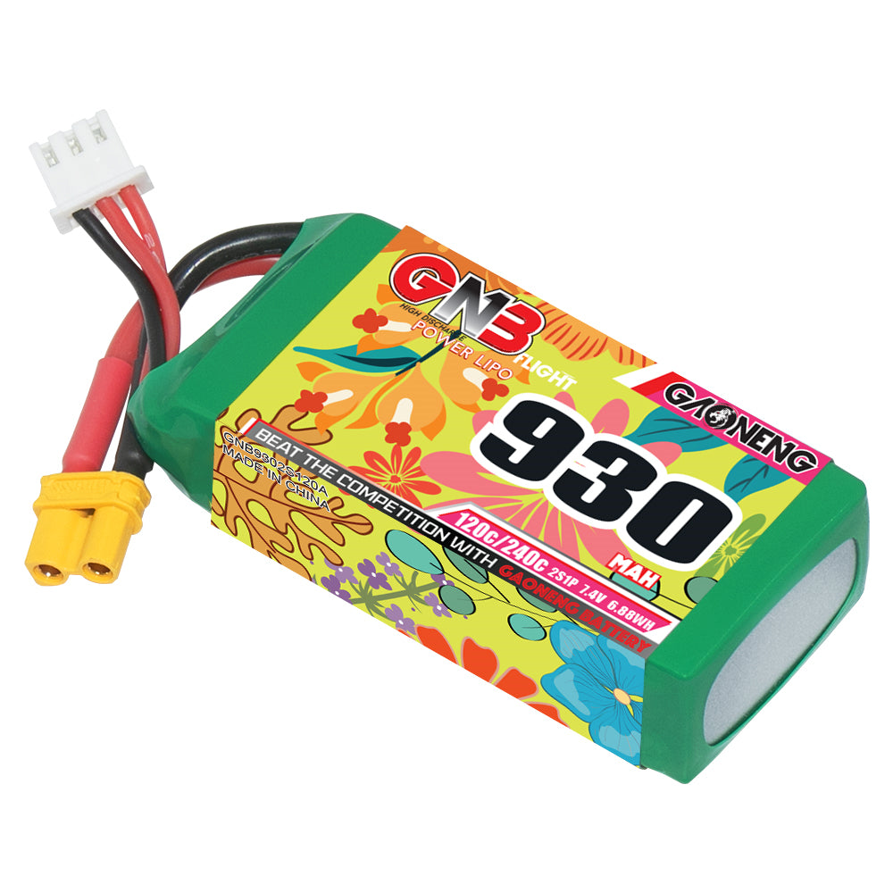 Single GNB 930mAh 2S LiPo battery angled view with XT30 plug and 3-pin balance lead