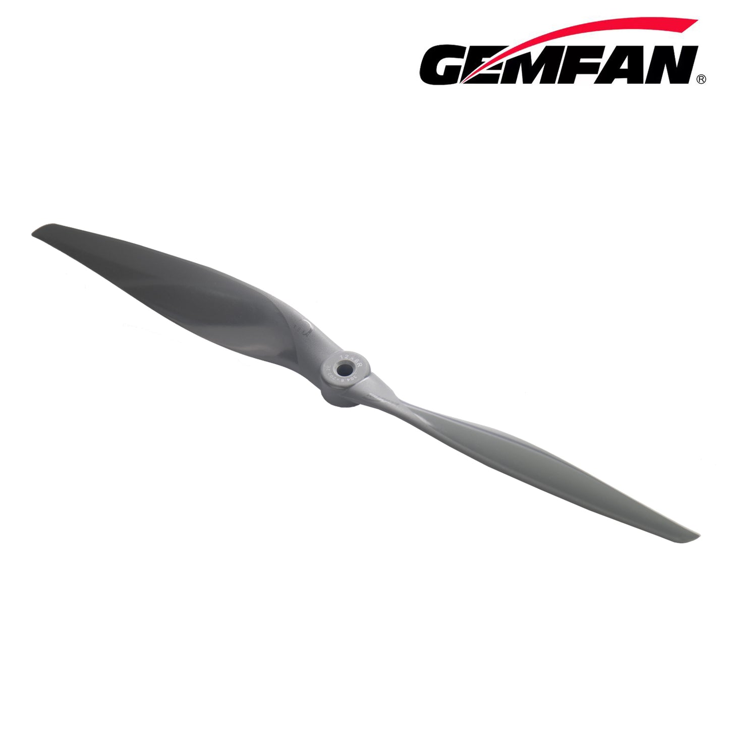 Oblique angle view of dark gray propeller highlighting leading edge shape and center hub opening