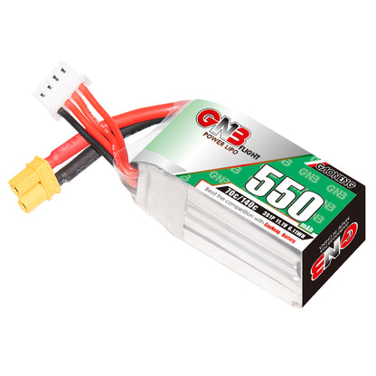 GAONENG GNB 550mAh 3S LiPo battery angled view showing cell stack, XT30 plug and balance connector
