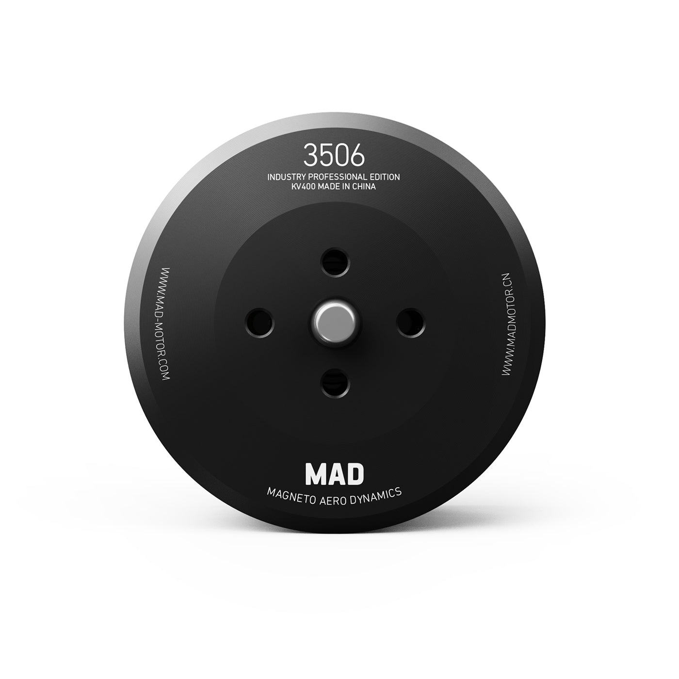 MAD 3506 IPE V1.0 Drone Motor, Top view of MAD 3506 drone motor bell with 4 mounting holes and magneto aero dynamics branding