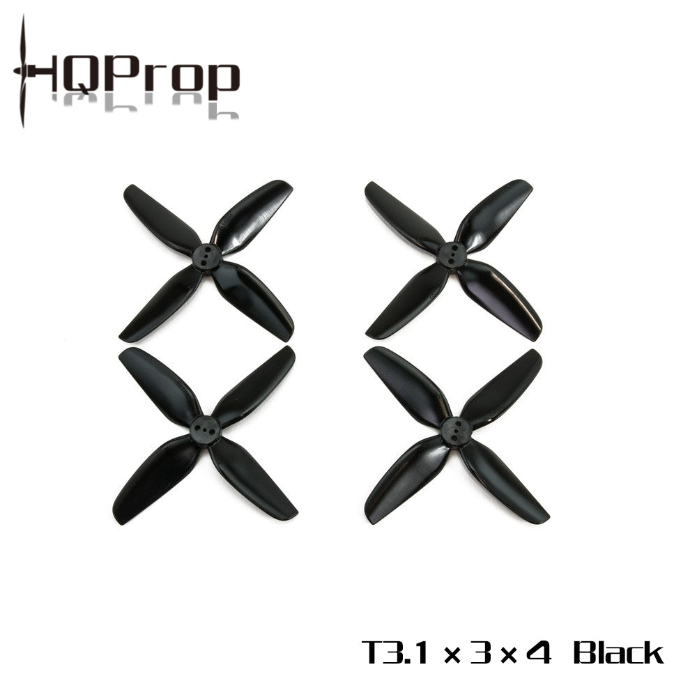HQProp T3.1X3X4 Poly Carbonate Propeller, HQProp T3.1x3x4 black 3.1-inch 4-blade drone propeller set with four props (2 CW, 2 CCW)