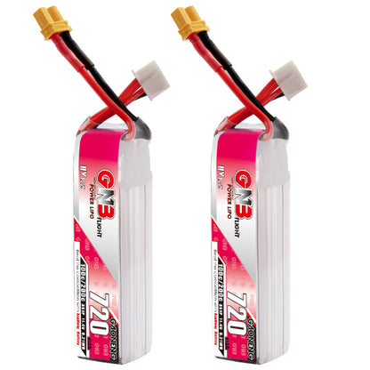 GAONENG GNB LiHV 3S 11.4V 720mAh 100C XT30 micro FPV LiPo battery, two-pack shown