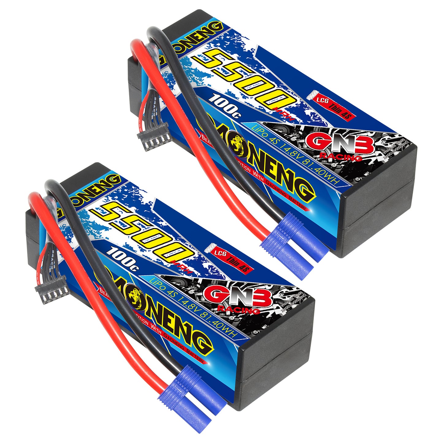 Two GAONENG GNB 4S 5500mAh 100C LCG hard case LiPo batteries with EC5 connectors, angled view