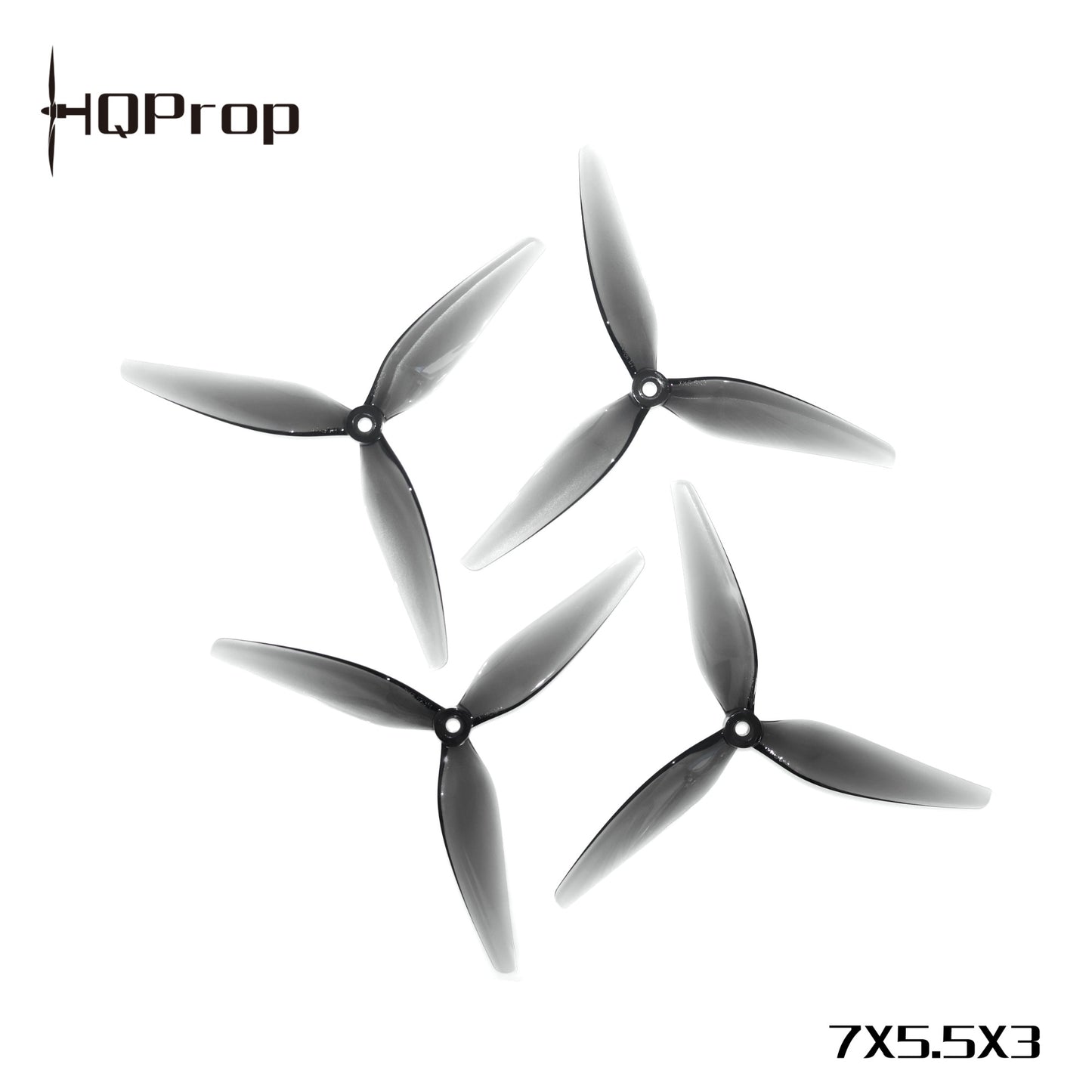 Set of four HQProp 7x5.5x3 grey 3-blade propellers (2CW + 2CCW) with size text