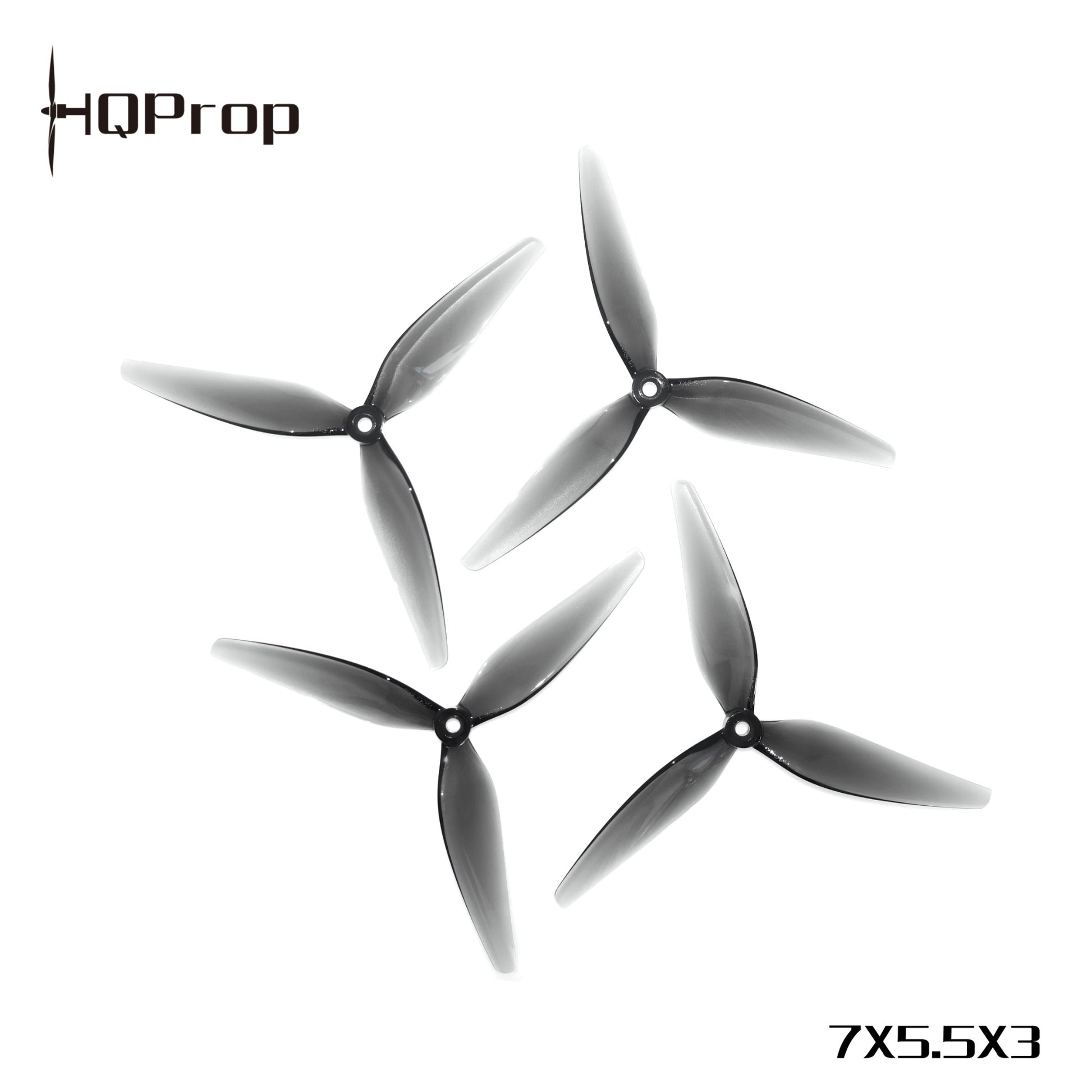 Set of four HQProp 7x5.5x3 grey 3-blade propellers (2CW + 2CCW) with size text