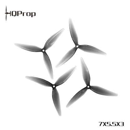 Set of four HQProp 7x5.5x3 grey 3-blade propellers (2CW + 2CCW) with size text