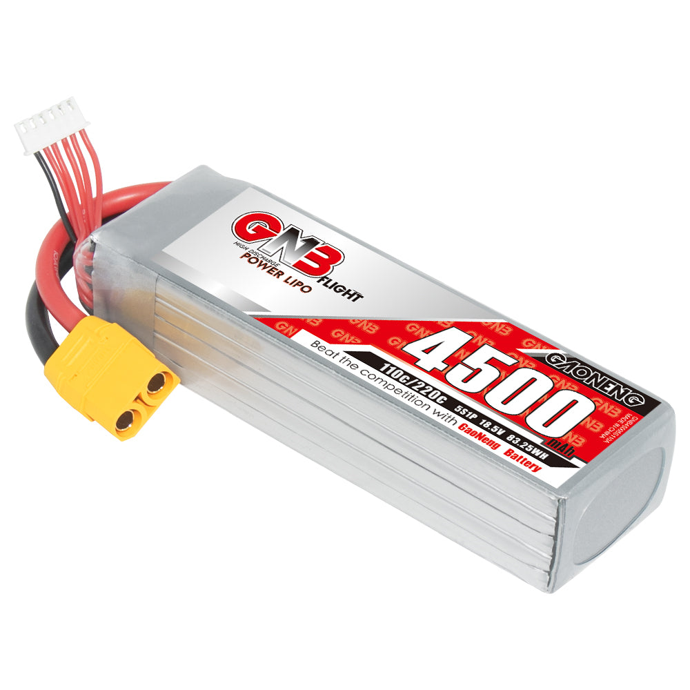 GAONENG GNB45005S110A 5S 4500mAh 110C LiPo battery with XT90 lead and balance plug