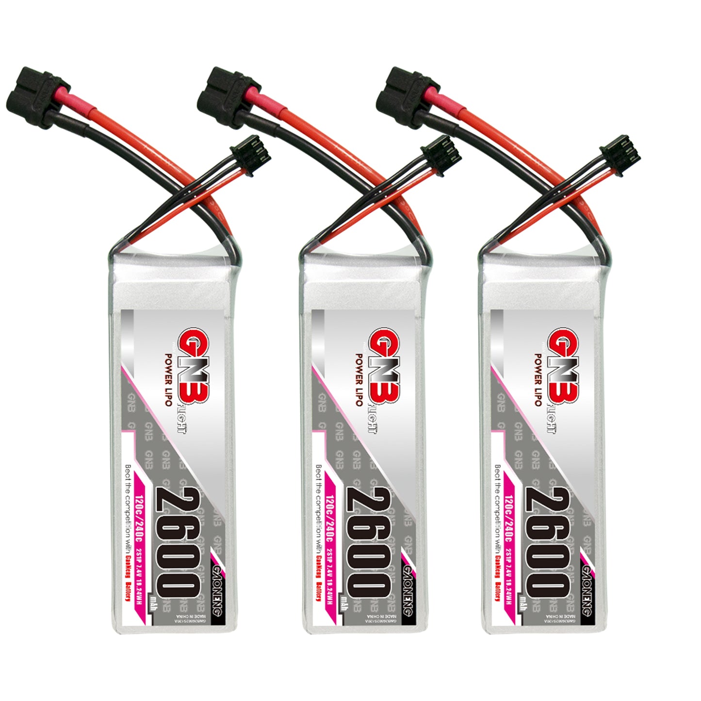 Three GAONENG GNB 2600mAh 2S LiPo batteries grouped together with XT60-style connector leads
