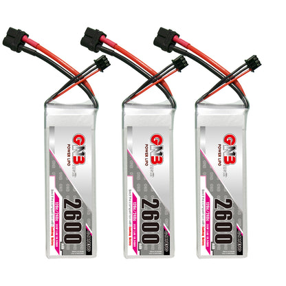 Three GAONENG GNB 2600mAh 2S LiPo batteries grouped together with XT60-style connector leads