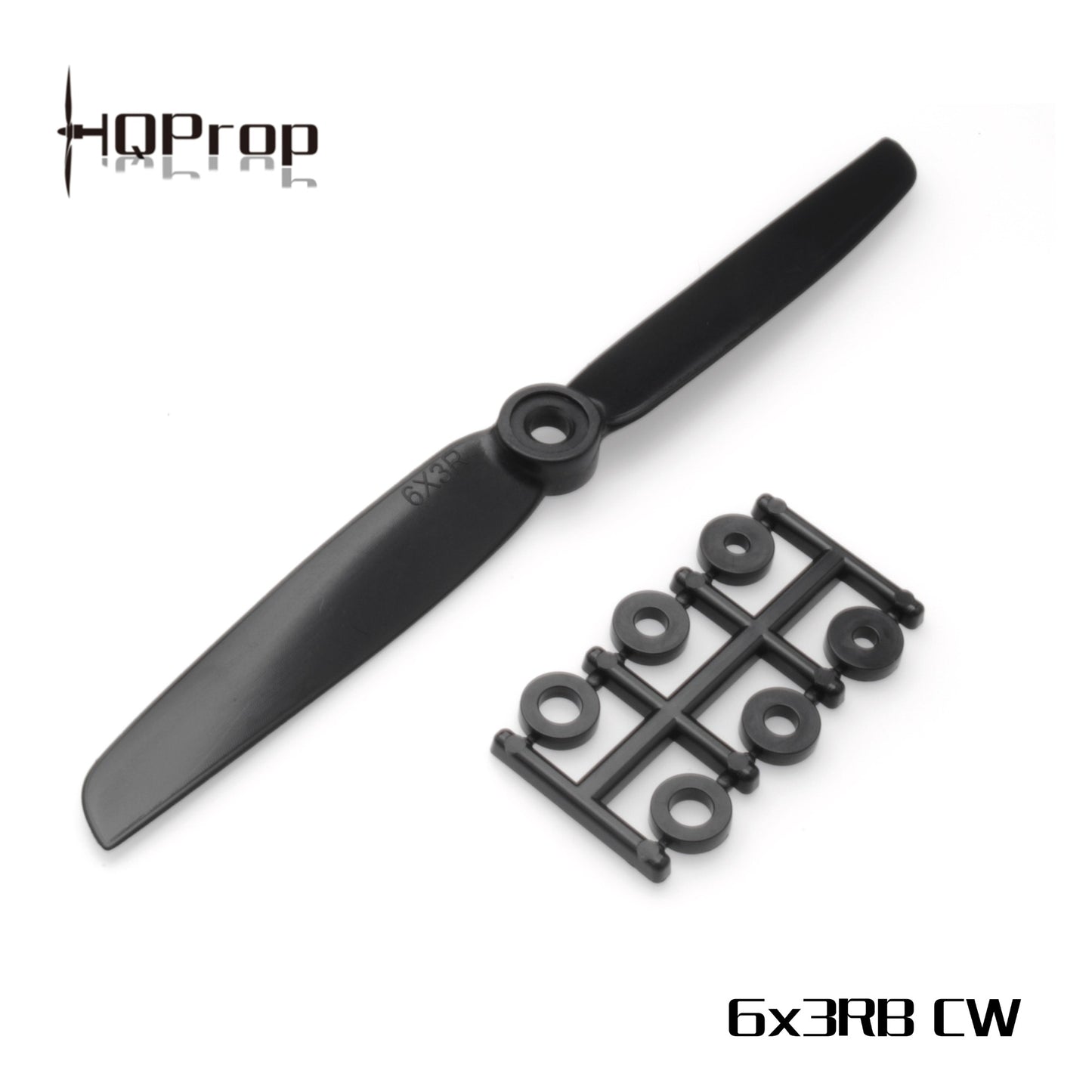HQProp Direct Drive Pusher Prop 6x3RB CW label graphic showing 2-blade prop and adapter rings