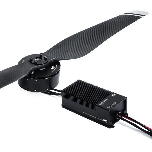 Drone brushless motor with carbon propeller and finned external ESC module with power leads