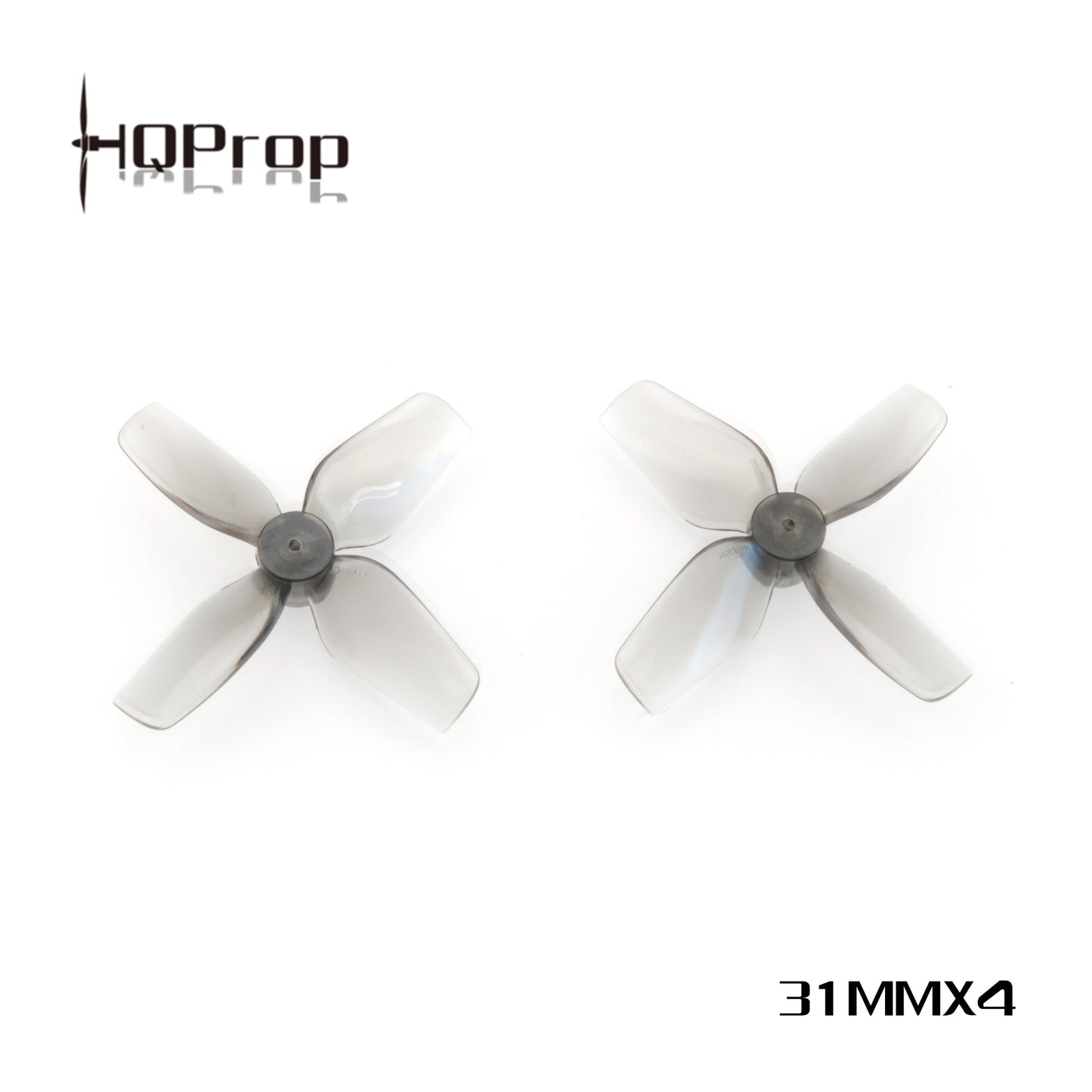 Two translucent gray 4-blade micro whoop props with HQProp logo and 31MMX4 marking