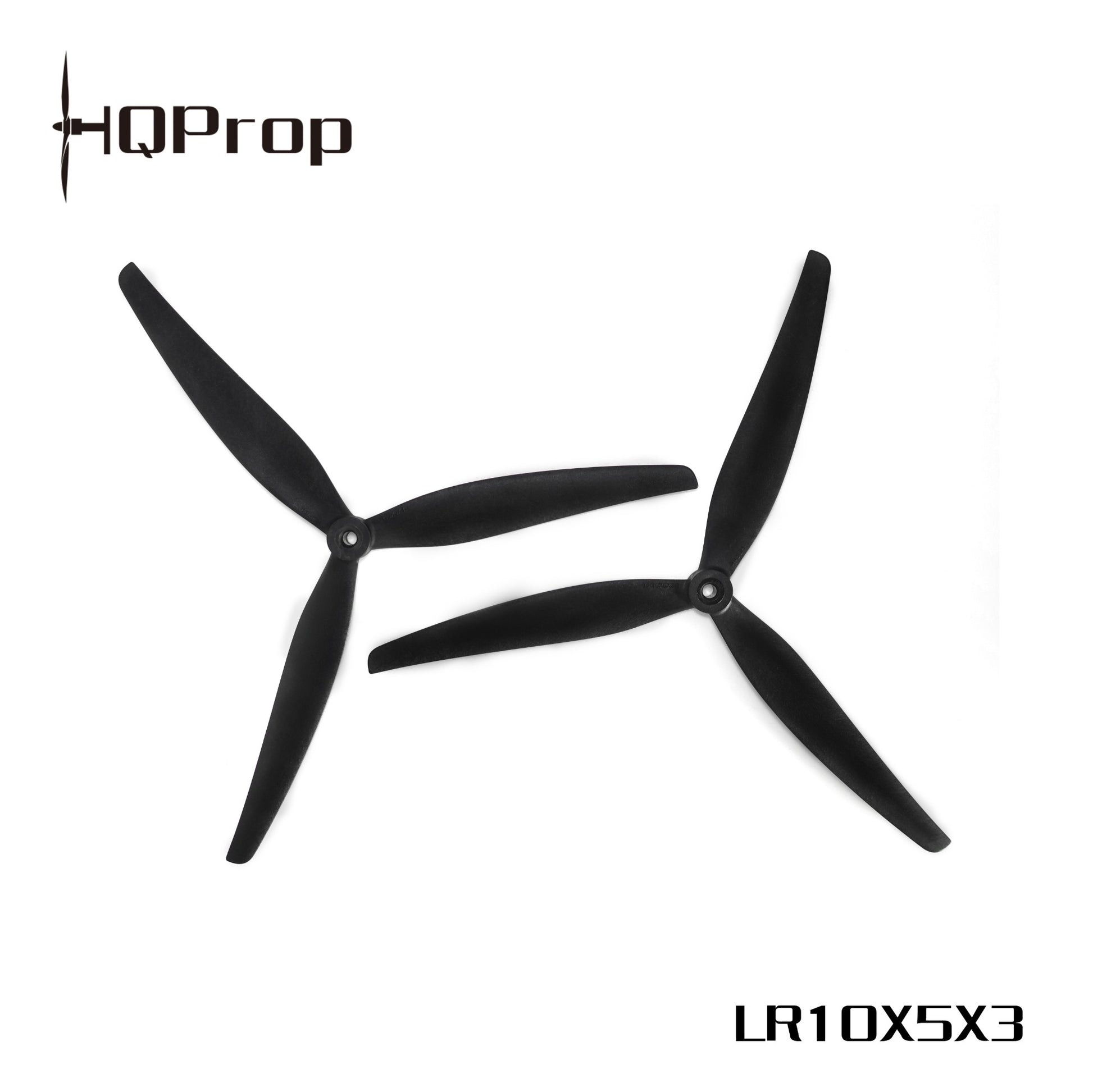 HQProp LR10X5X3 tri-blade propellers shown with HQProp logo and LR10X5X3 model text