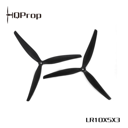 HQProp LR10X5X3 tri-blade propellers shown with HQProp logo and LR10X5X3 model text