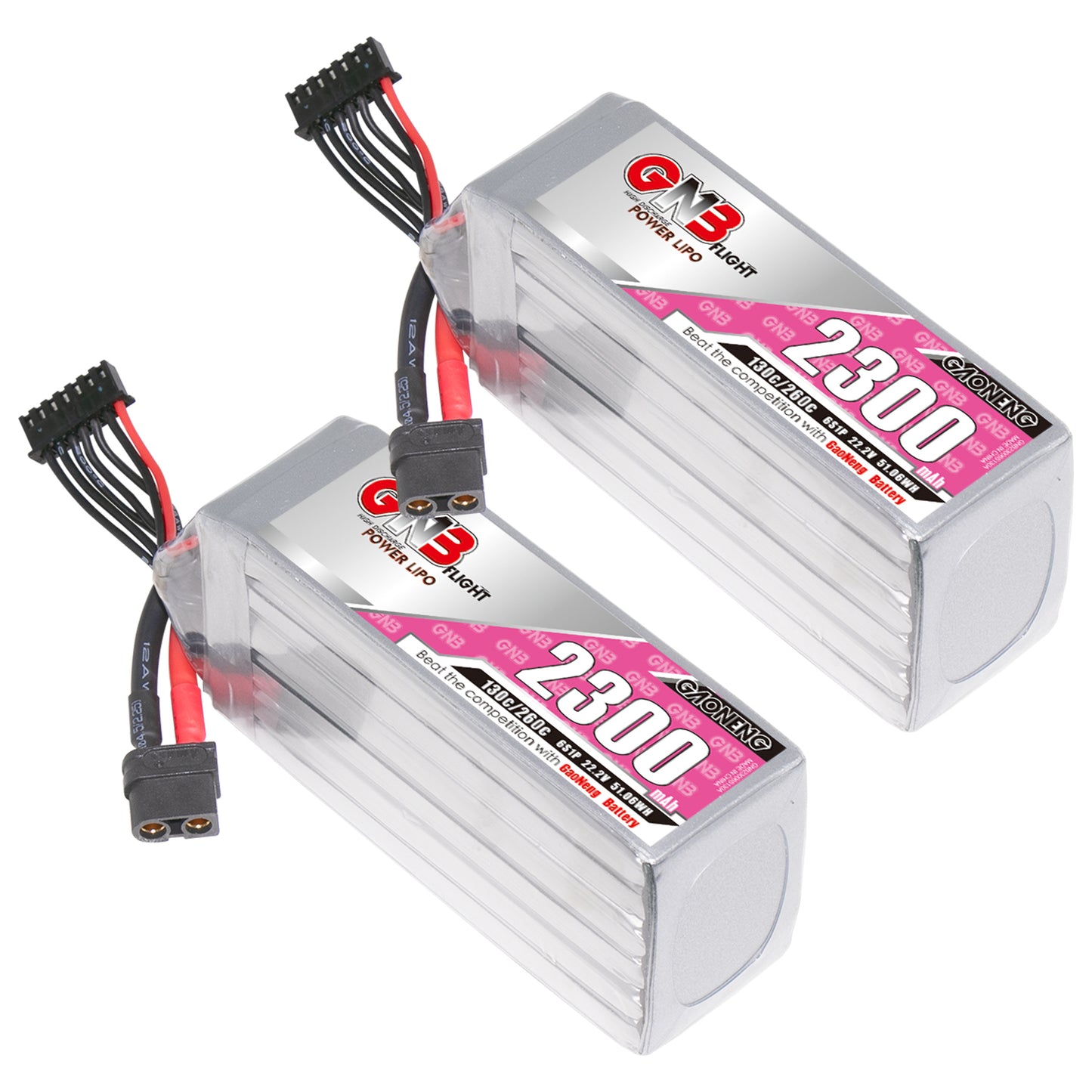 Two GAONENG GNB 2300mAh LiPo batteries shown side by side with XT60 power plugs and balance leads