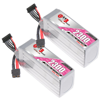 Two GAONENG GNB 2300mAh LiPo batteries shown side by side with XT60 power plugs and balance leads