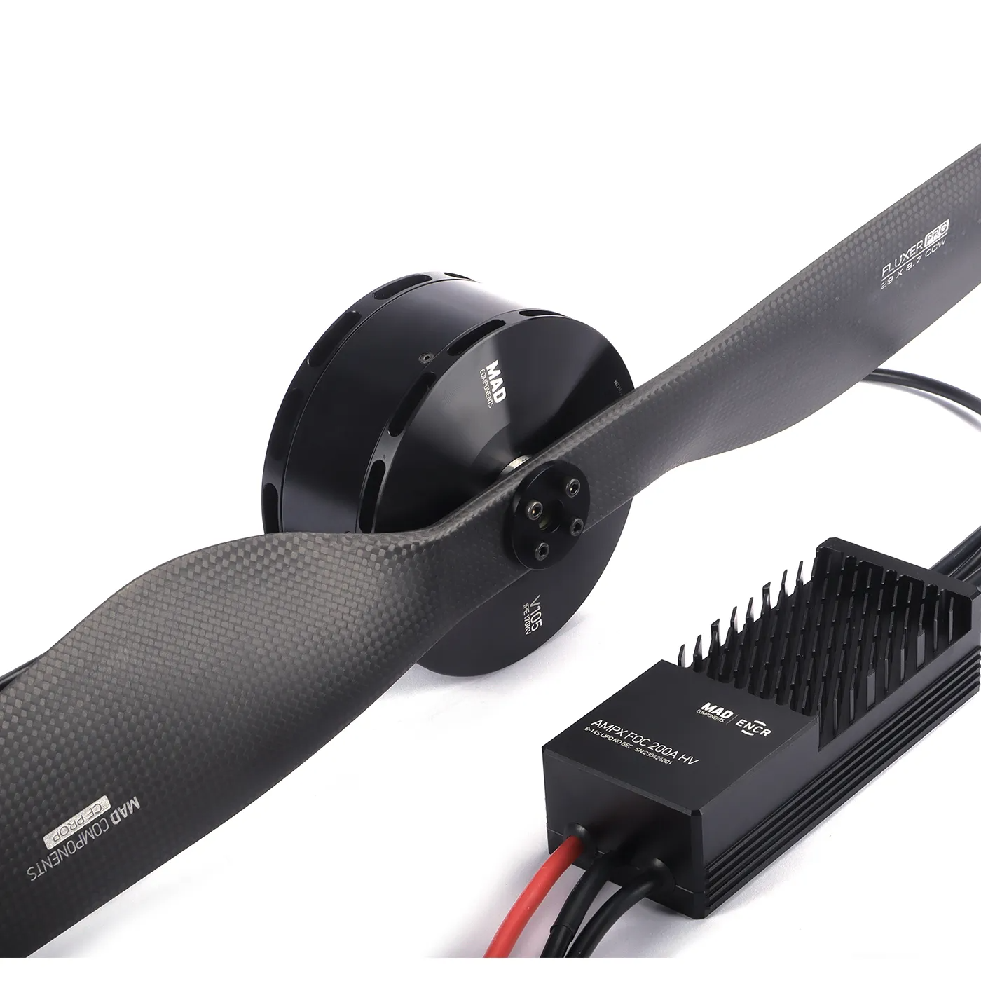 MAD ENCR V105 eVTOL autocenter motor with carbon fiber propeller and wired ESC controller unit