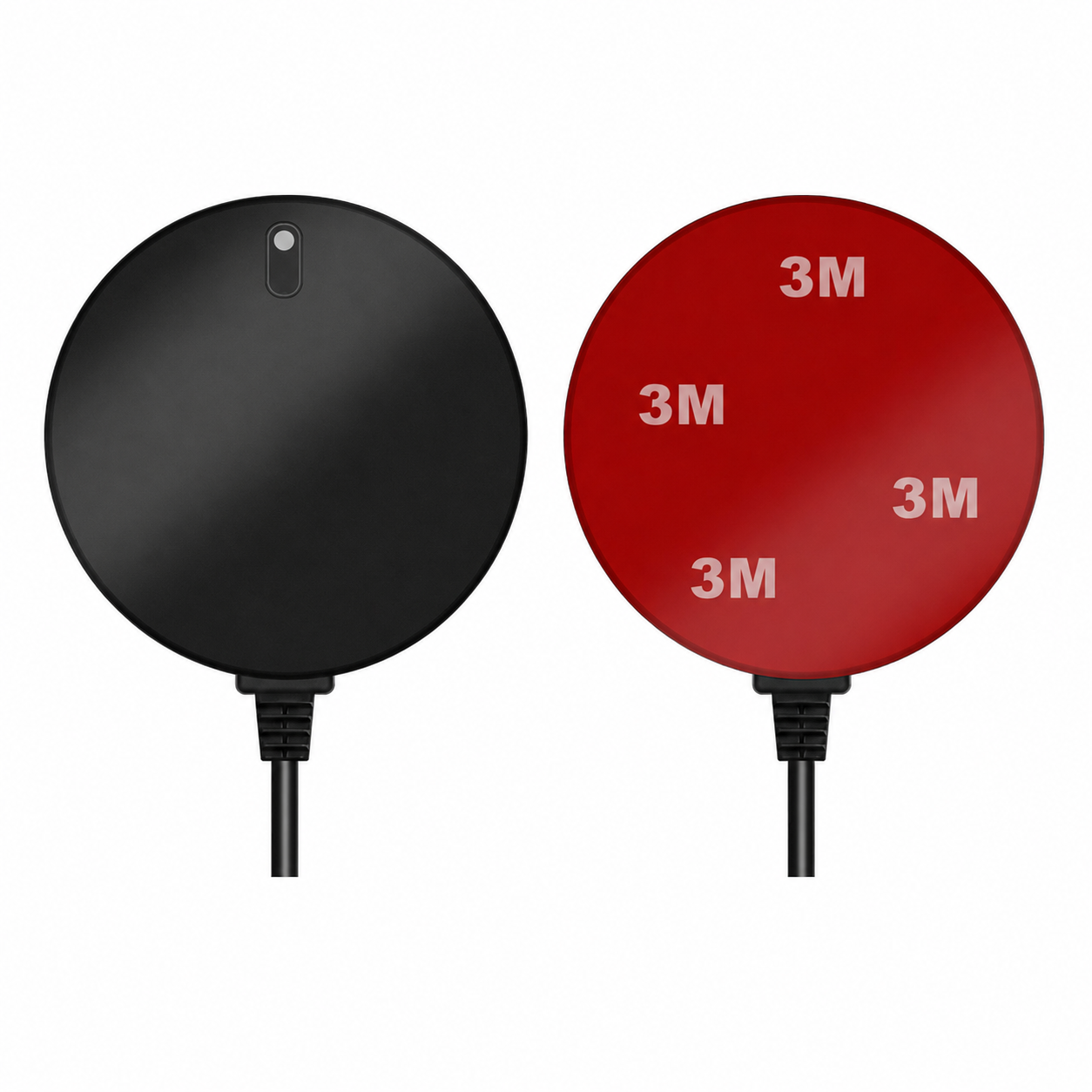 GNSS puck antenna top and 3M adhesive mounting pad on rear side, black and red views