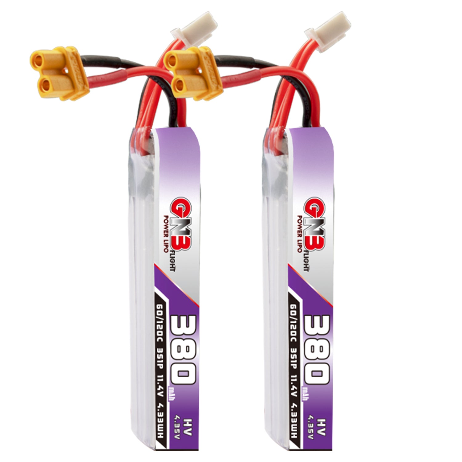 GAONENG GNB380 3S 11.4V 380mAh LiHV LiPo battery with XT30 plug and balance lead, 2-pack