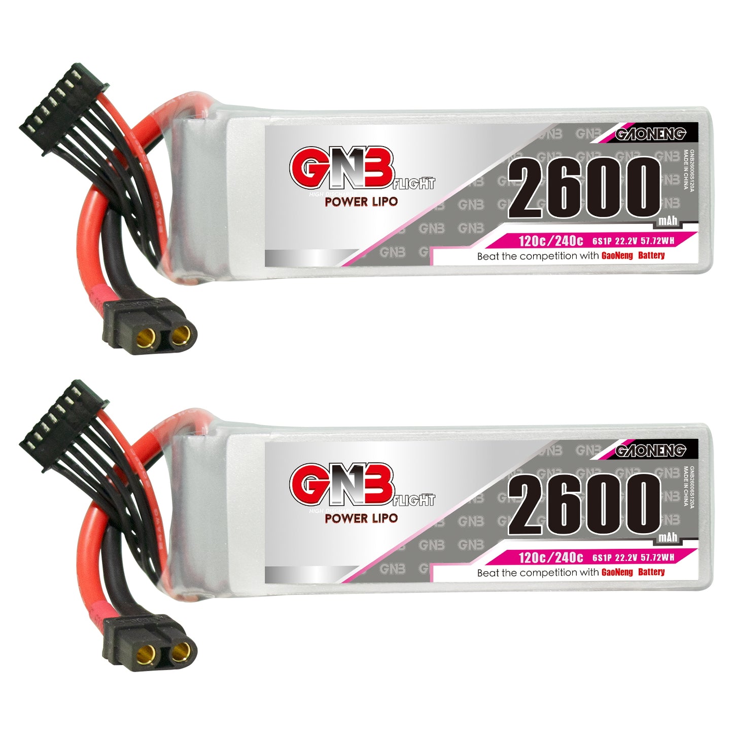 Two GAONENG GNB 6S 2600mAh 120C LiPo batteries side view showing label and XT60 connectors