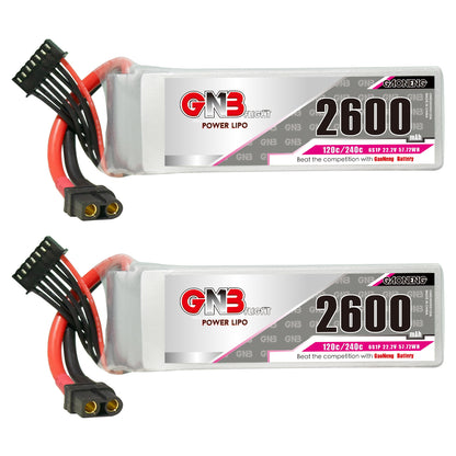 Two GAONENG GNB 6S 2600mAh 120C LiPo batteries side view showing label and XT60 connectors