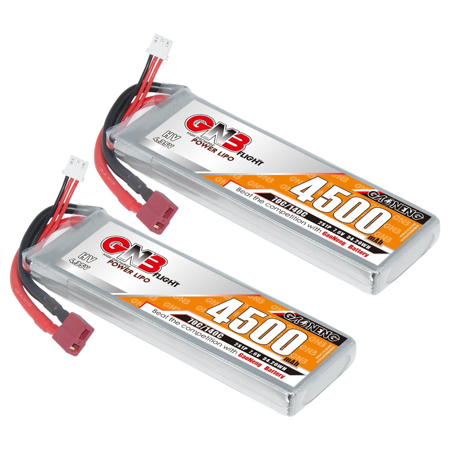 Two GNB 4500mAh LiHV LiPo battery packs shown together with T-plug discharge leads and balance connectors