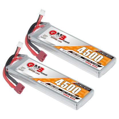 Two GNB 4500mAh LiHV LiPo battery packs shown together with T-plug discharge leads and balance connectors