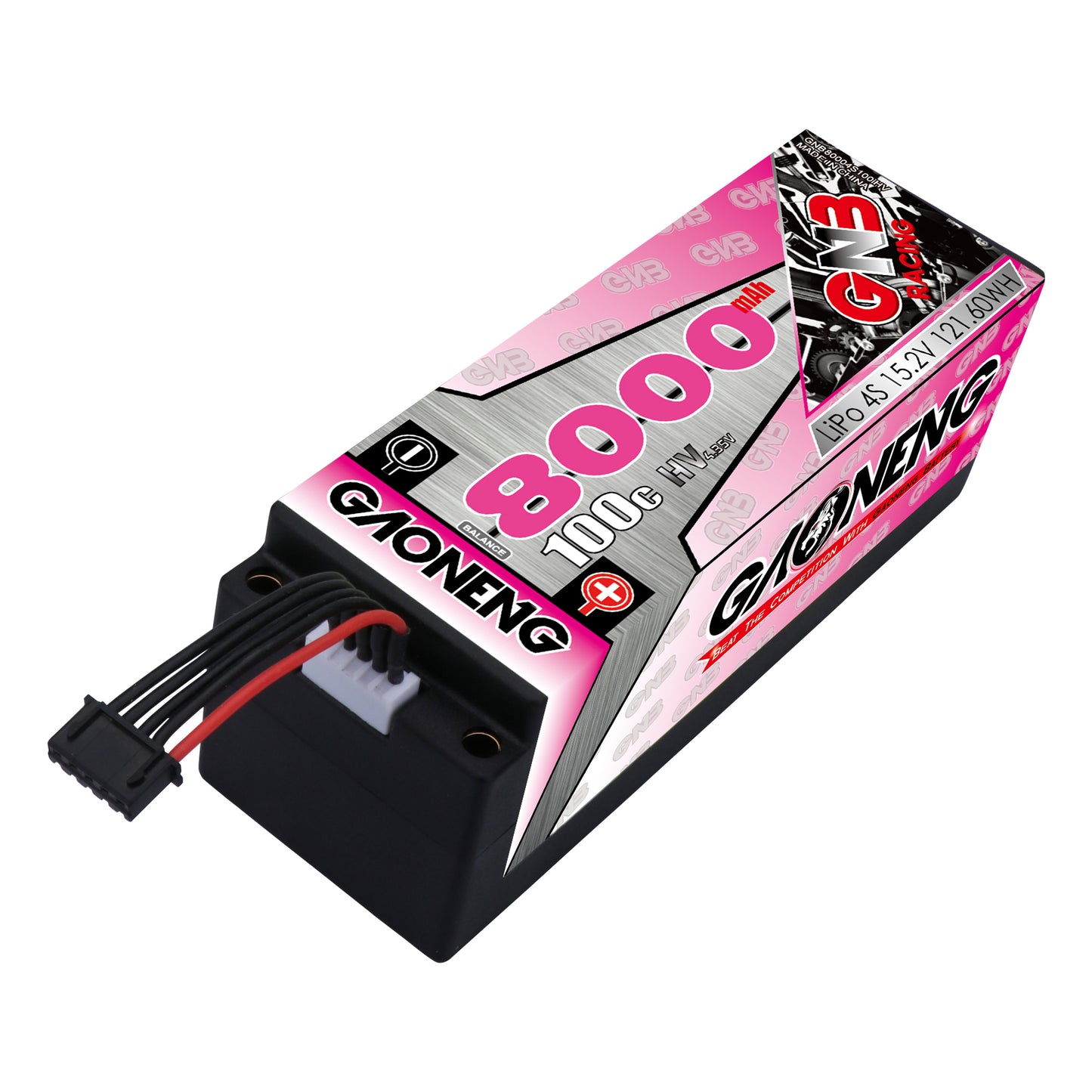 Angled view of GAONENG GNB 8000mAh 4S hard-case LiPo showing built-in balance port end