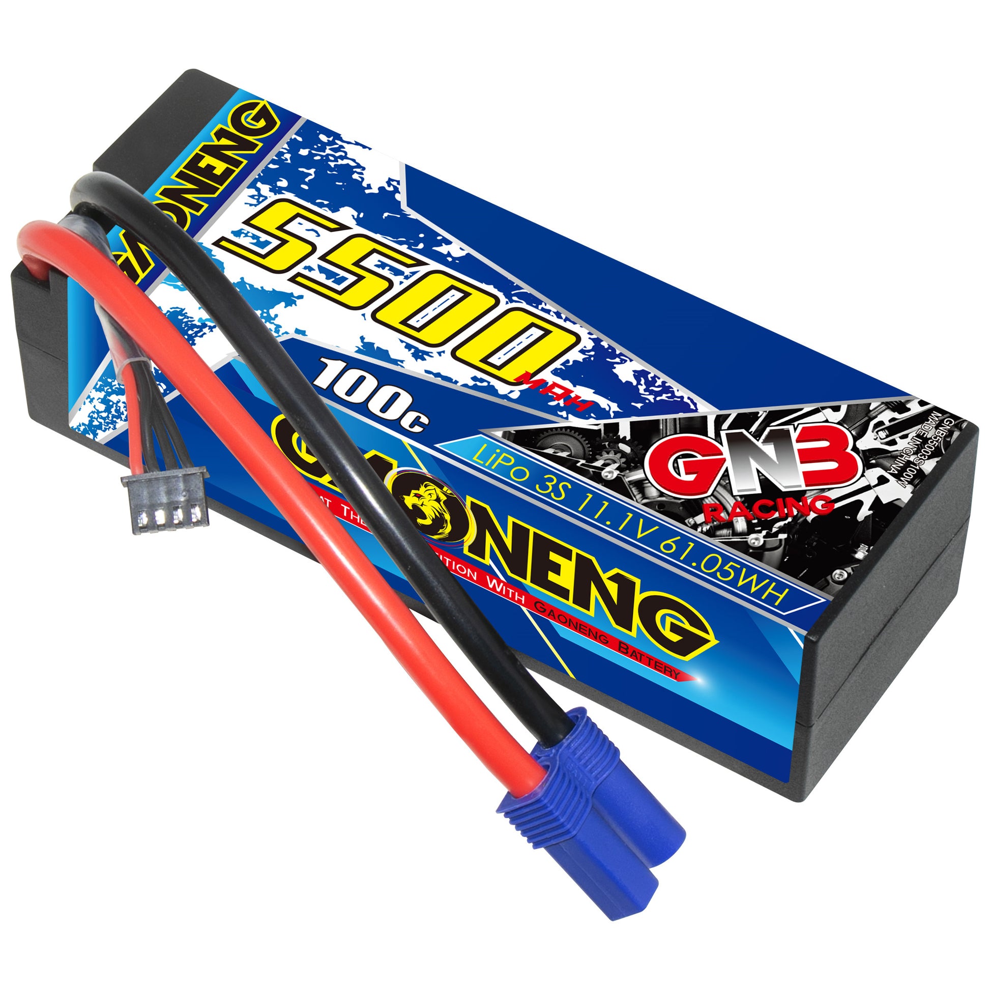 GNB 3S 11.1V 5500mAh 100C hard case LiPo battery with EC5 plug and balance lead, angled view