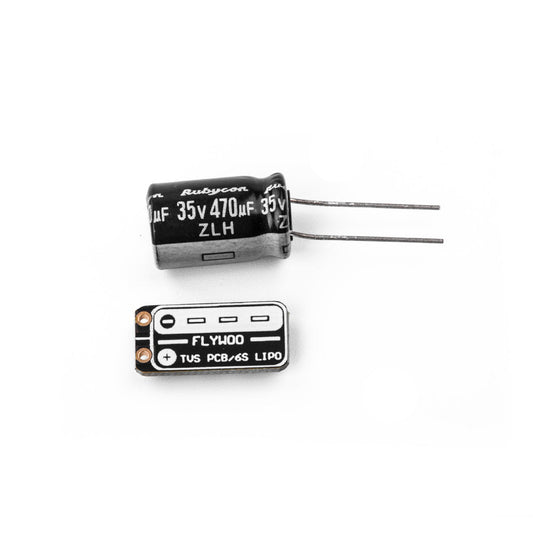 Flywoo TVS power filter PCB with 35V 470µF capacitor for 6S LiPo wiring, showing + and - solder pads