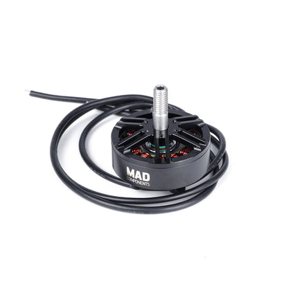 MAD BSC2807.5 V1.0 FPV drone motor with black housing, top-mount shaft, and long wire leads