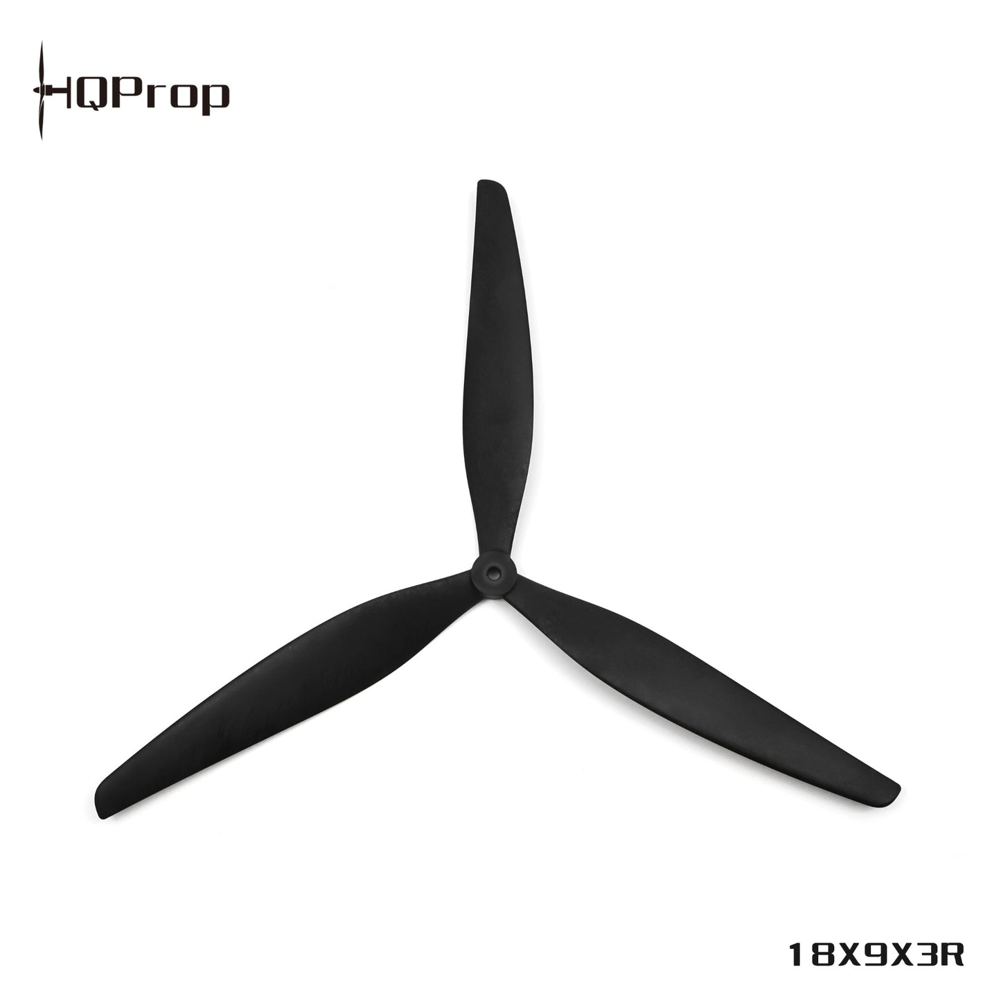 HQProp tri-blade propeller with 18X9X3R marking, black top view