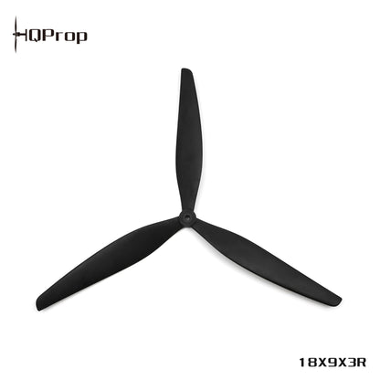 HQProp tri-blade propeller with 18X9X3R marking, black top view