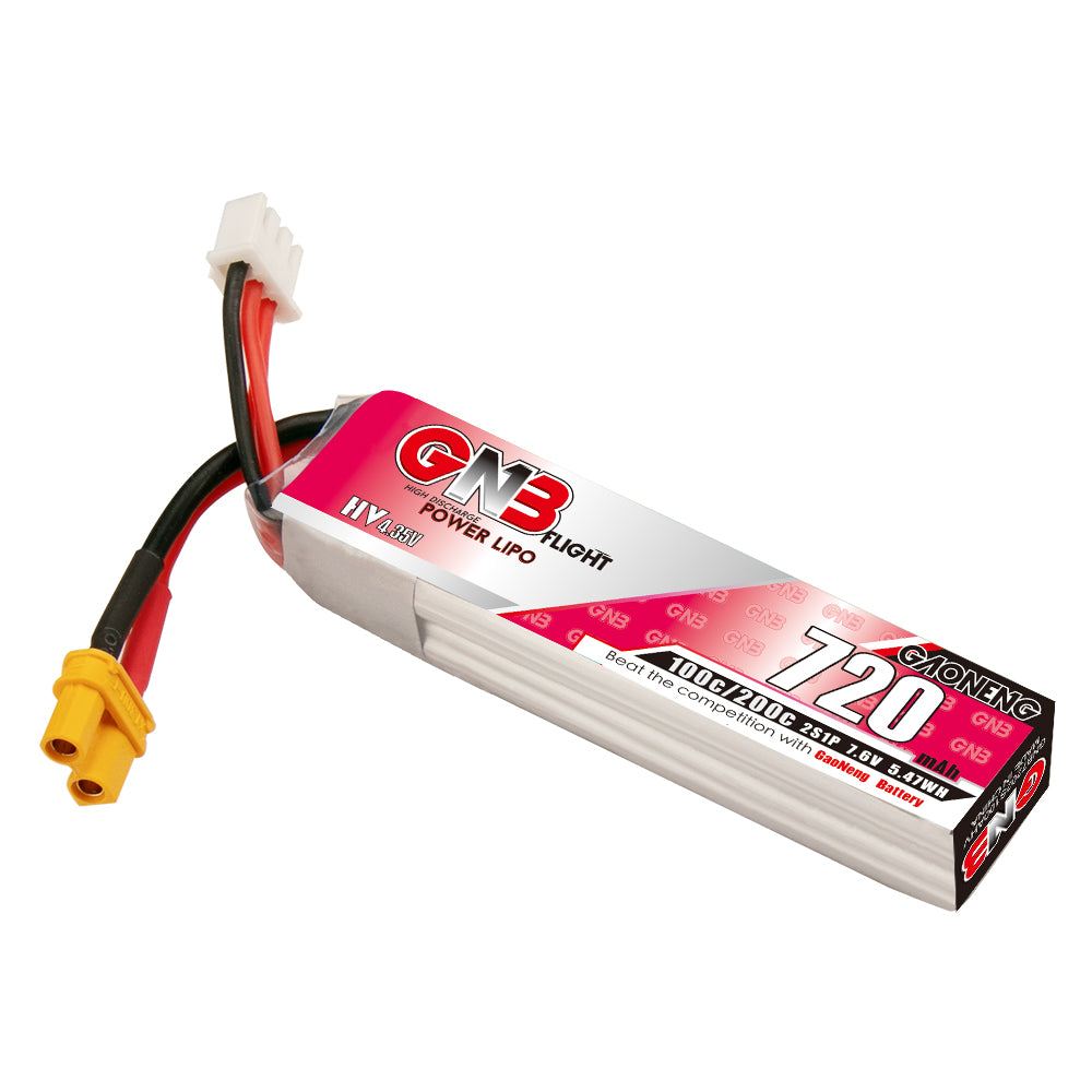 Single GNB 720mAh LiHV battery with XT30 plug and 2S balance connector, angled side view