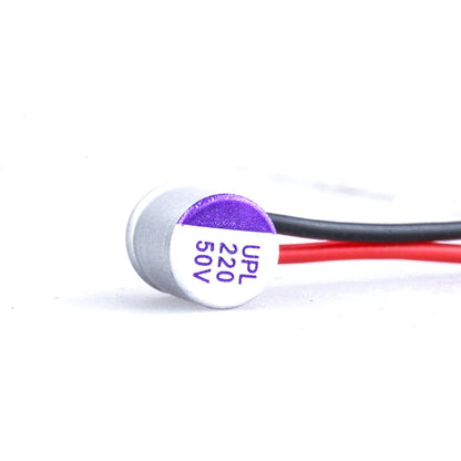 Flywoo UNICON UPL 220uF 50V solid capacitor with pre-soldered red and black wires