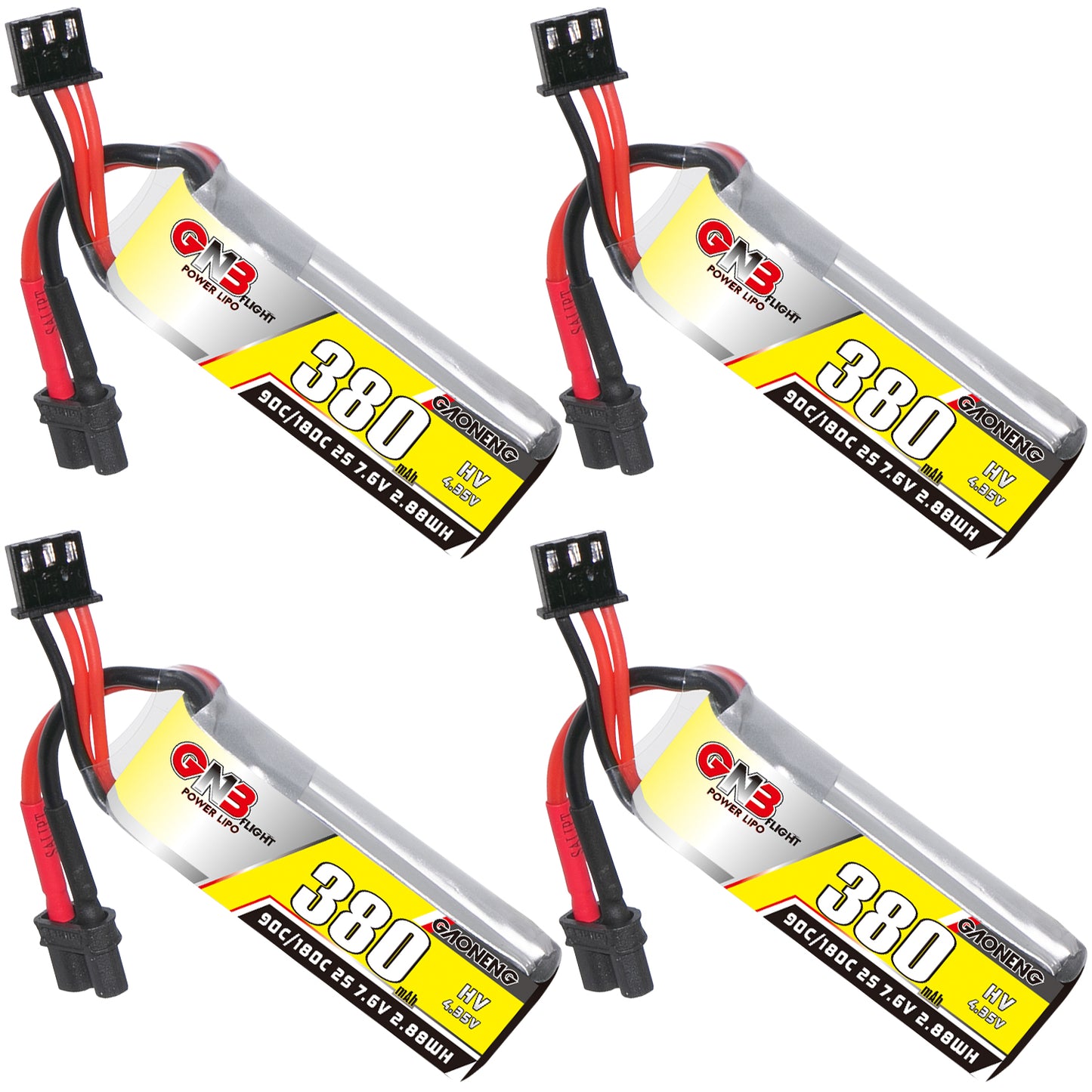 GAONENG GNB 380mAh 2S 7.6V LiHV 90C FPV LiPo battery with XT30 lead, four-pack display