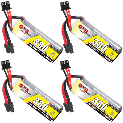 GAONENG GNB 380mAh 2S 7.6V LiHV 90C FPV LiPo battery with XT30 lead, four-pack display