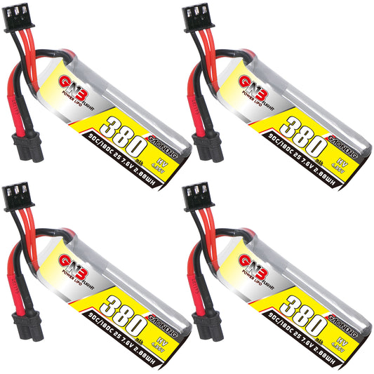 GAONENG GNB 380mAh 2S 7.6V LiHV 90C FPV LiPo battery with XT30 lead, four-pack display
