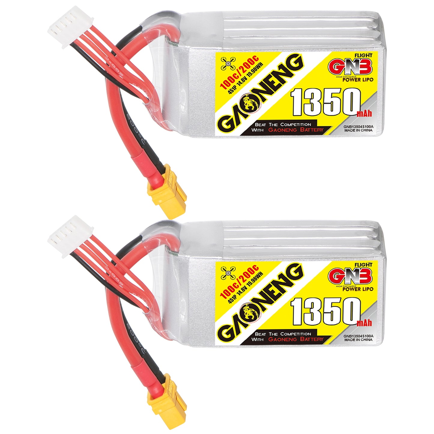 GAONENG GNB 4S 1350mAh 100C graphene LiPo battery with XT60 lead and balance plug (2 pack)