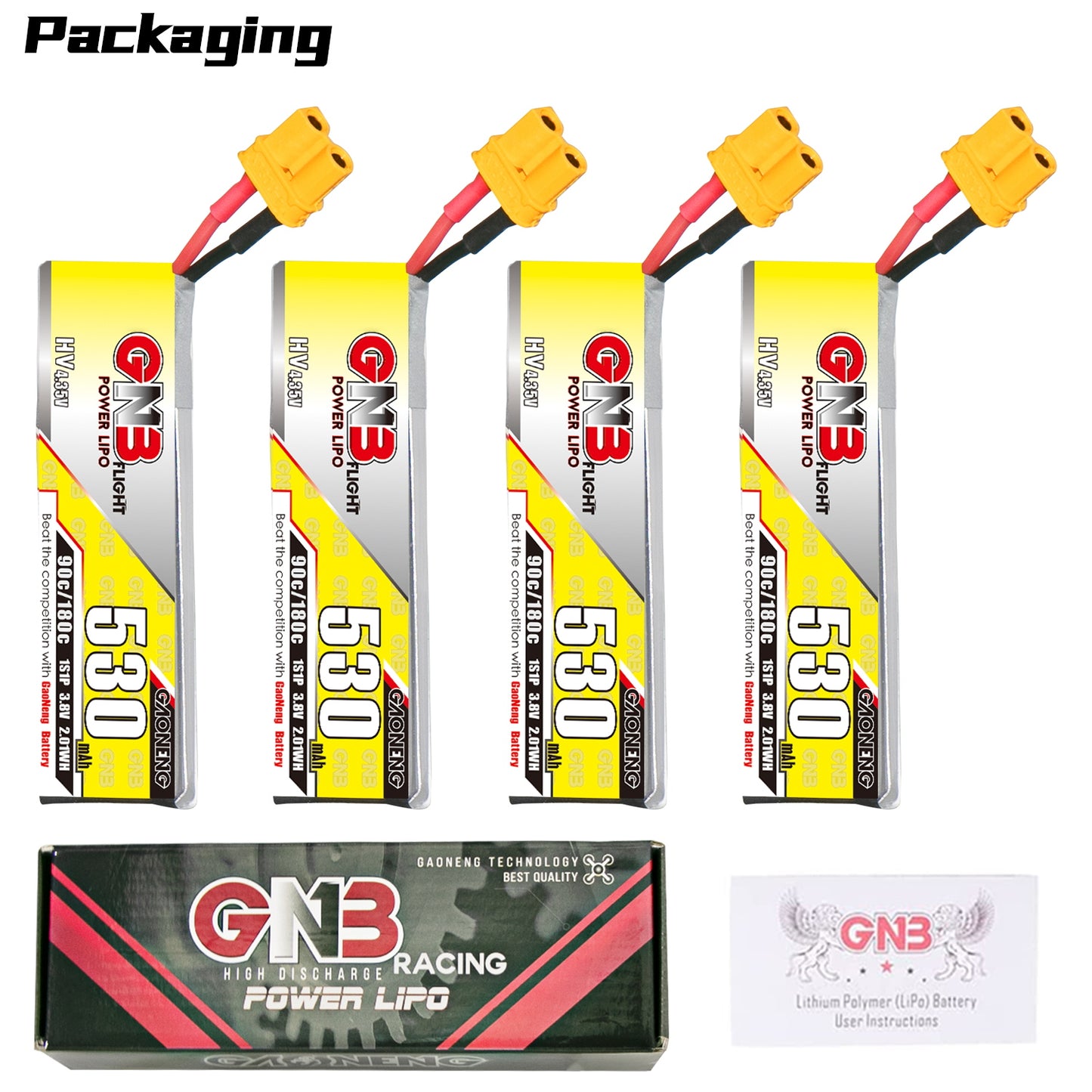 Packaging set with 4 GNB 530mAh 1S LiHV batteries, retail box, and user instructions card