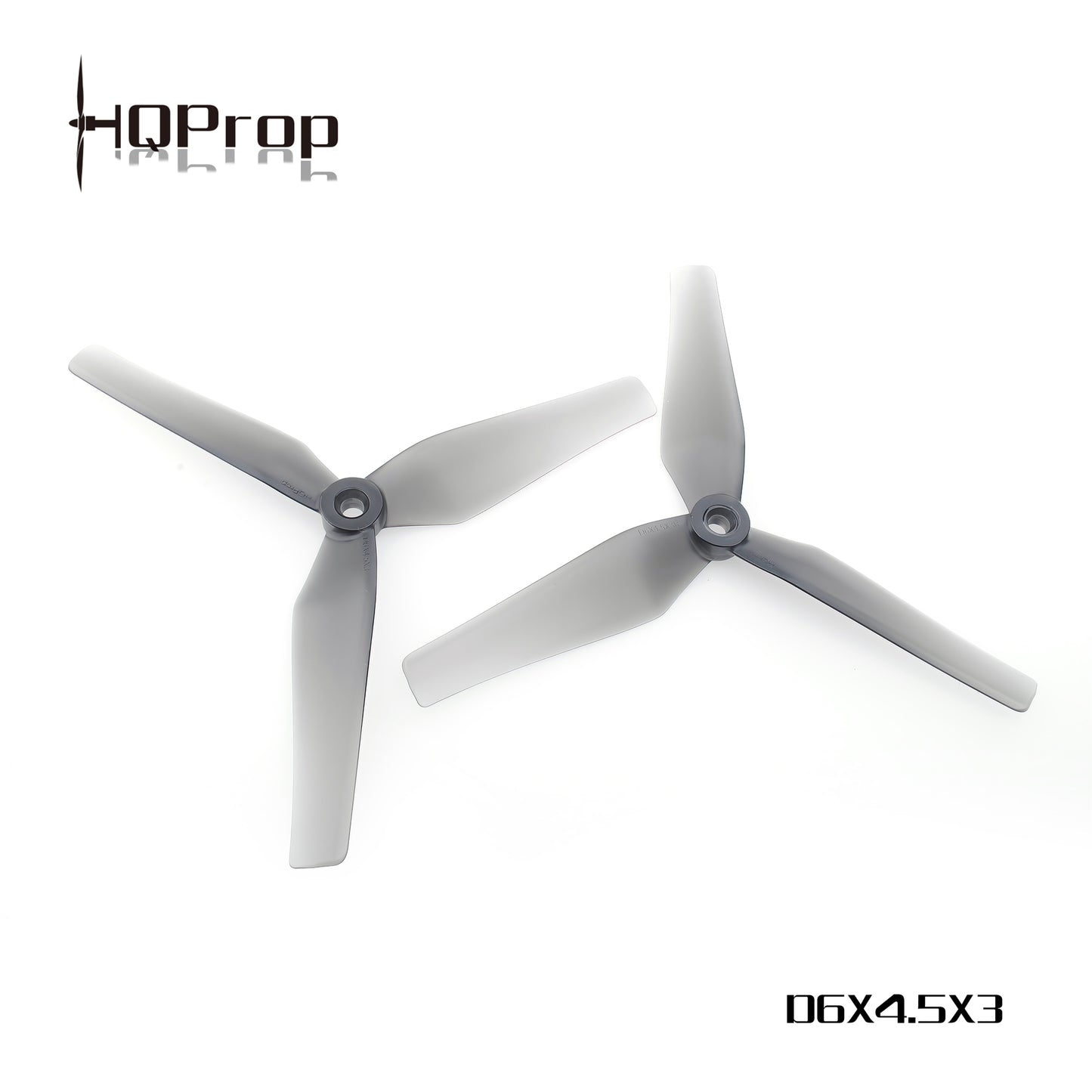 HQProp D6X4.5X3 grey 3-blade propellers with HQProp logo and model label