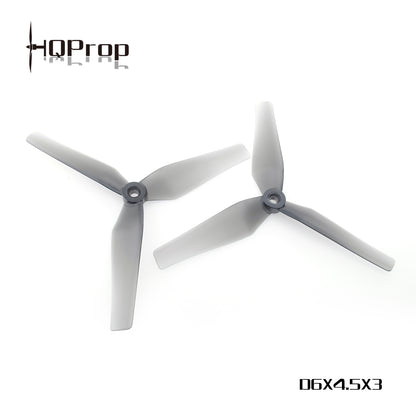 HQProp D6X4.5X3 grey 3-blade propellers with HQProp logo and model label
