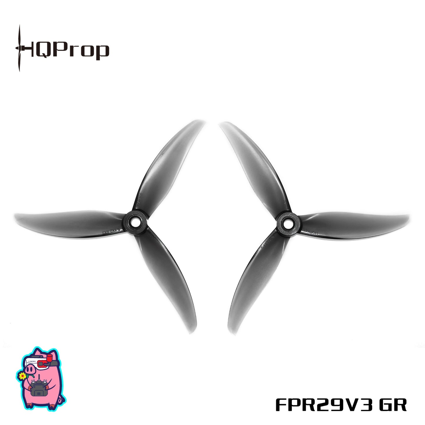 HQProp FPR29V3 GR gray 3-blade propellers, two-piece set on white background
