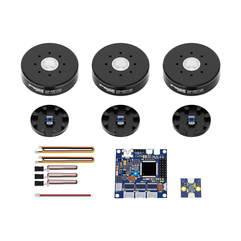 iFlight GM8112 encoder gimbal combo with three black motors, AS5048A encoder boards, wiring leads, and 32-bit BGC controller