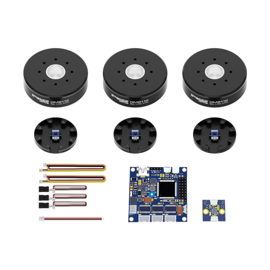 iFlight GM8112 encoder gimbal combo with three black motors, AS5048A encoder boards, wiring leads, and 32-bit BGC controller