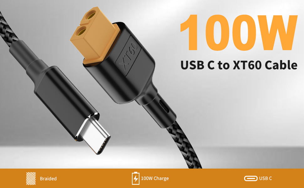 Type-C to XT60 Female Connector Charging Cable, High-quality PVC and nylon braided cable with USB-C to XT60 ports, durable and flexible.