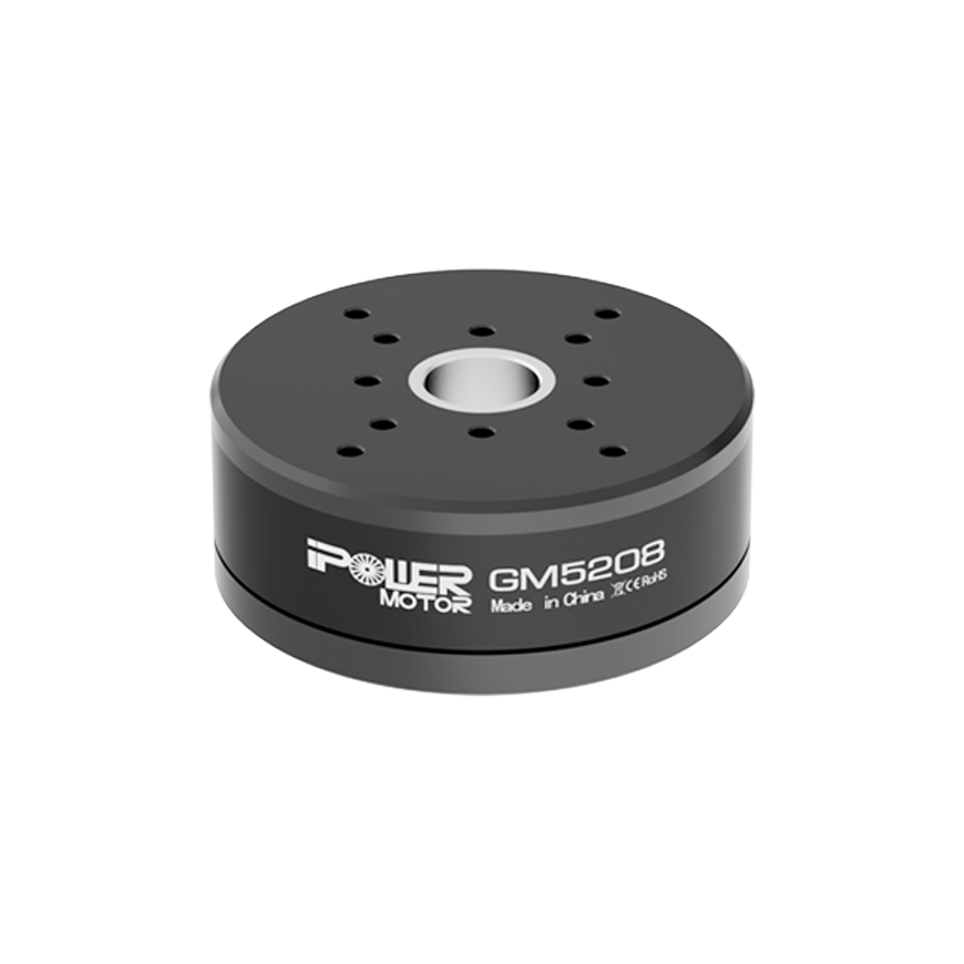 iFlight GM5208-12 Brushless Gimbal Motor, Black GM5208 brushless gimbal motor with flat mounting plate and multiple screw holes, labeled iPower Motor